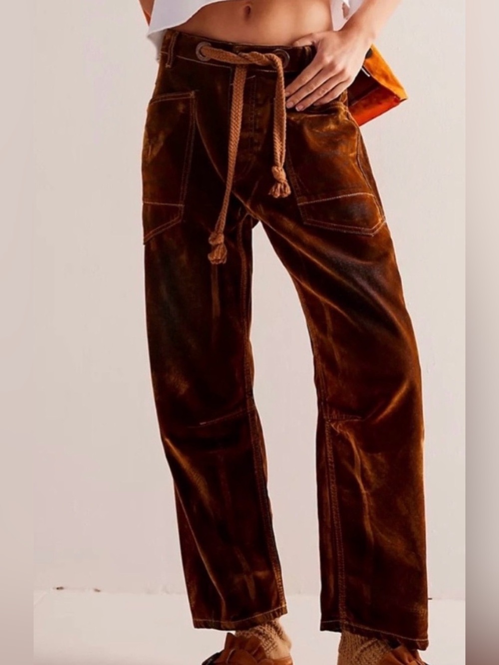 Free people moxie flock Vintage Style denim with brown velvet top Pants - brown
